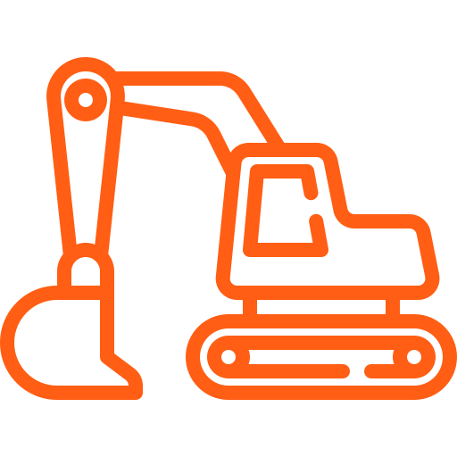 Icône orange représentant une pelleteuse avec un grand bras et un godet, sur des chenilles, tournée vers la gauche. Le dessin simple et stylisé suggère des utilisations dans des projets de terrassement ou de nivellement, sans arrière-plan ni détails supplémentaires.